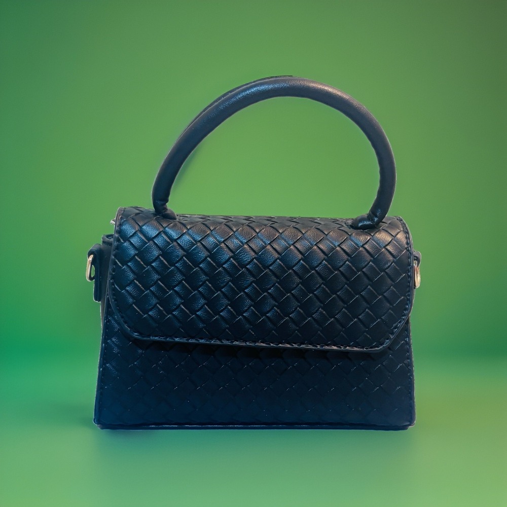 Black Woven Mini Bag With Top Handle Inner Zipper Pocket